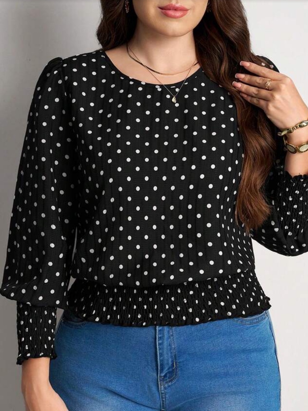 Women’s Black and White Smocked-Hem Blouse - Stylish Everyday Top